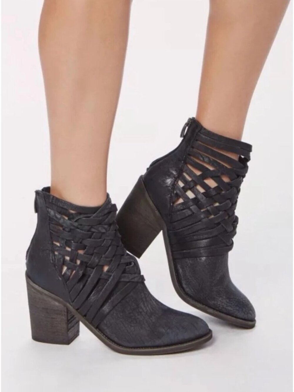 Free People Carrera Gray Distressed Woven Leather Stack Heel Ankle Boots Size 39